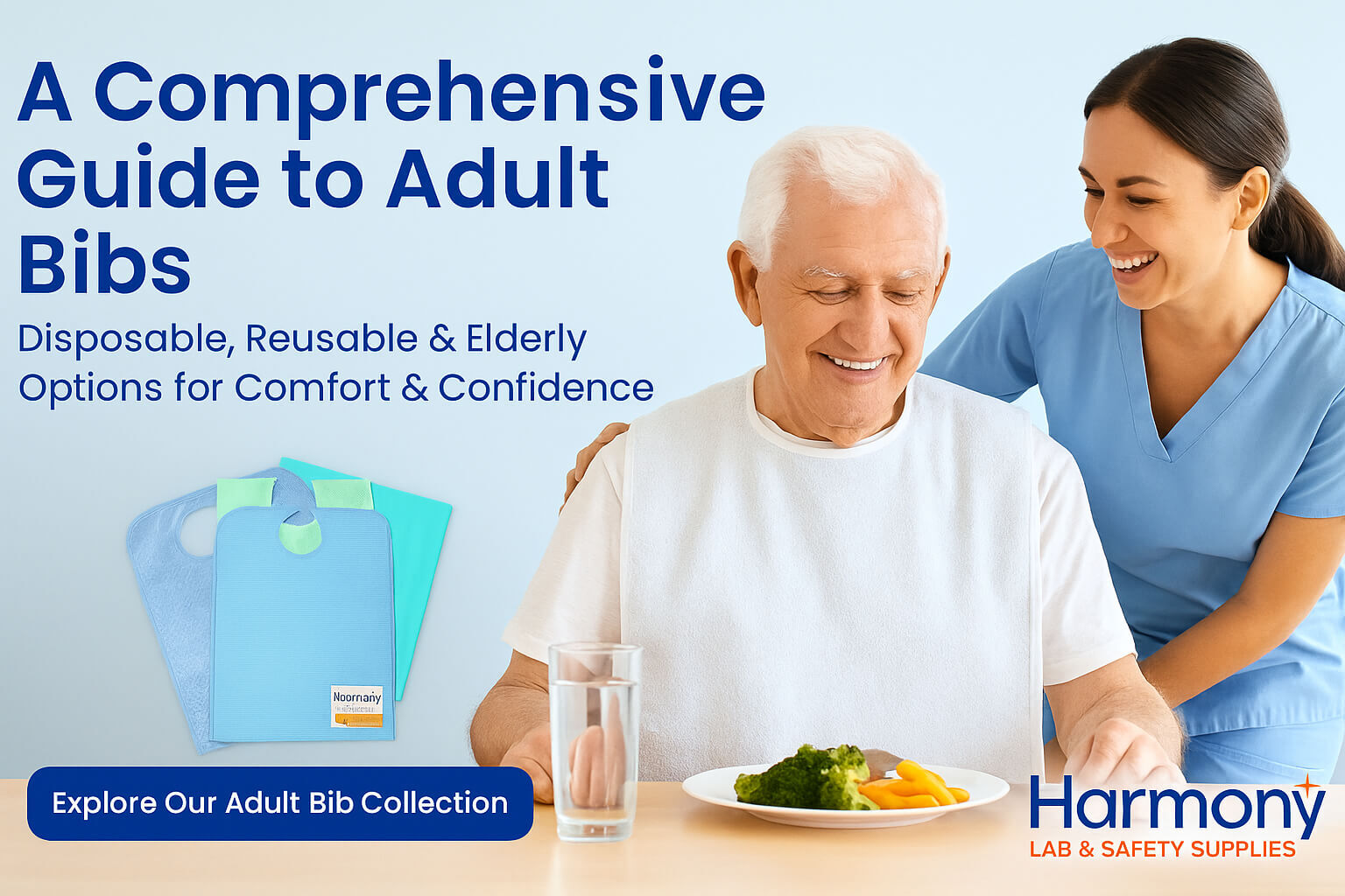 Close-up of a person wearing a blue reusable adult bib, highlighting coverage and comfort.