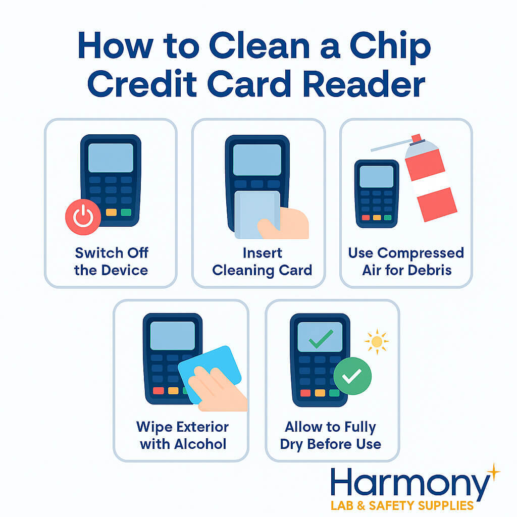 Infographic showing how to clean a chip credit card reader