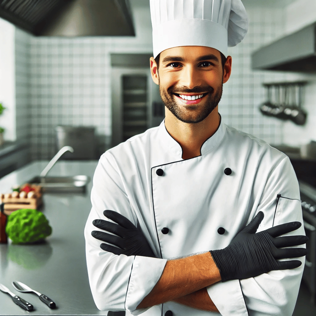 Chef wearing black nitrile gloves in a spotless, professional kitchen.