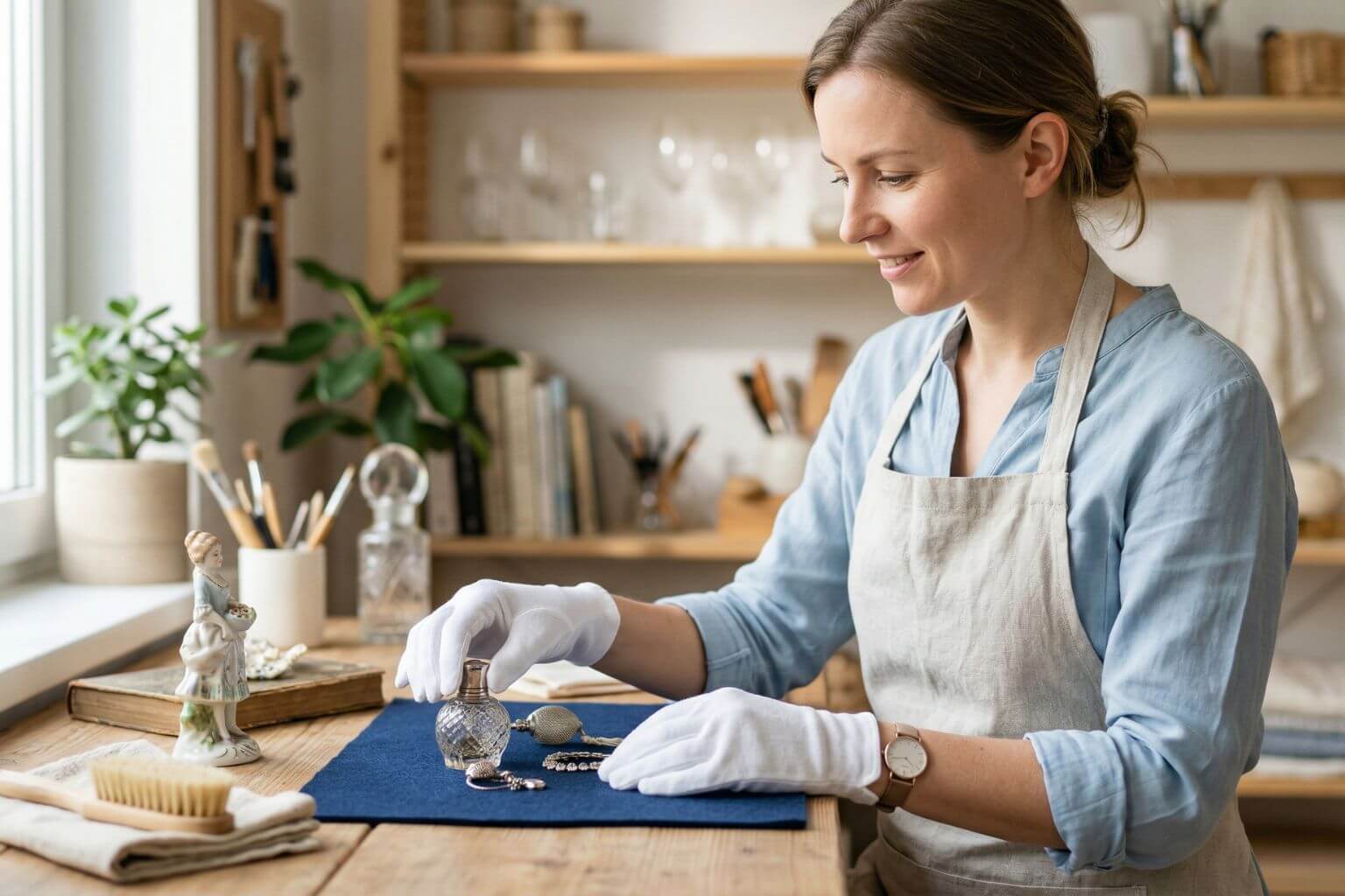 An at-home small business owner wearing clean white gloves while carefully handling delicate vintage items and collectibles on a worktable.